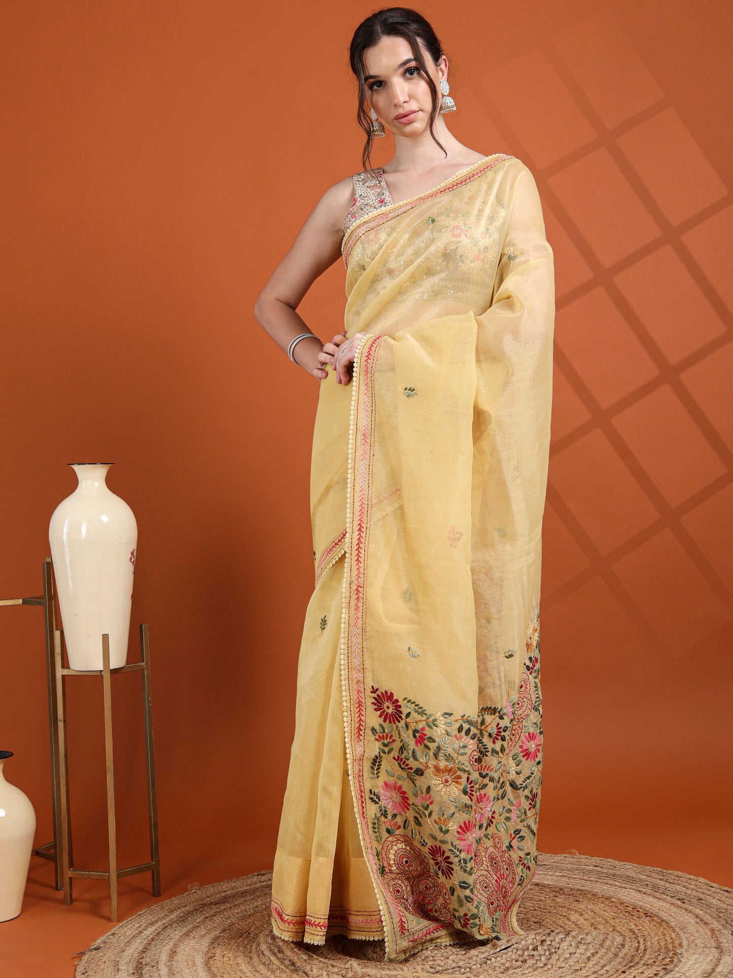 Sunshine Yellow Chanderi Tissue Saree with Floral Kantha Hand Embroidery