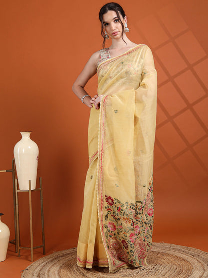 Sunshine Yellow Chanderi Tissue Saree with Floral Kantha Hand Embroidery