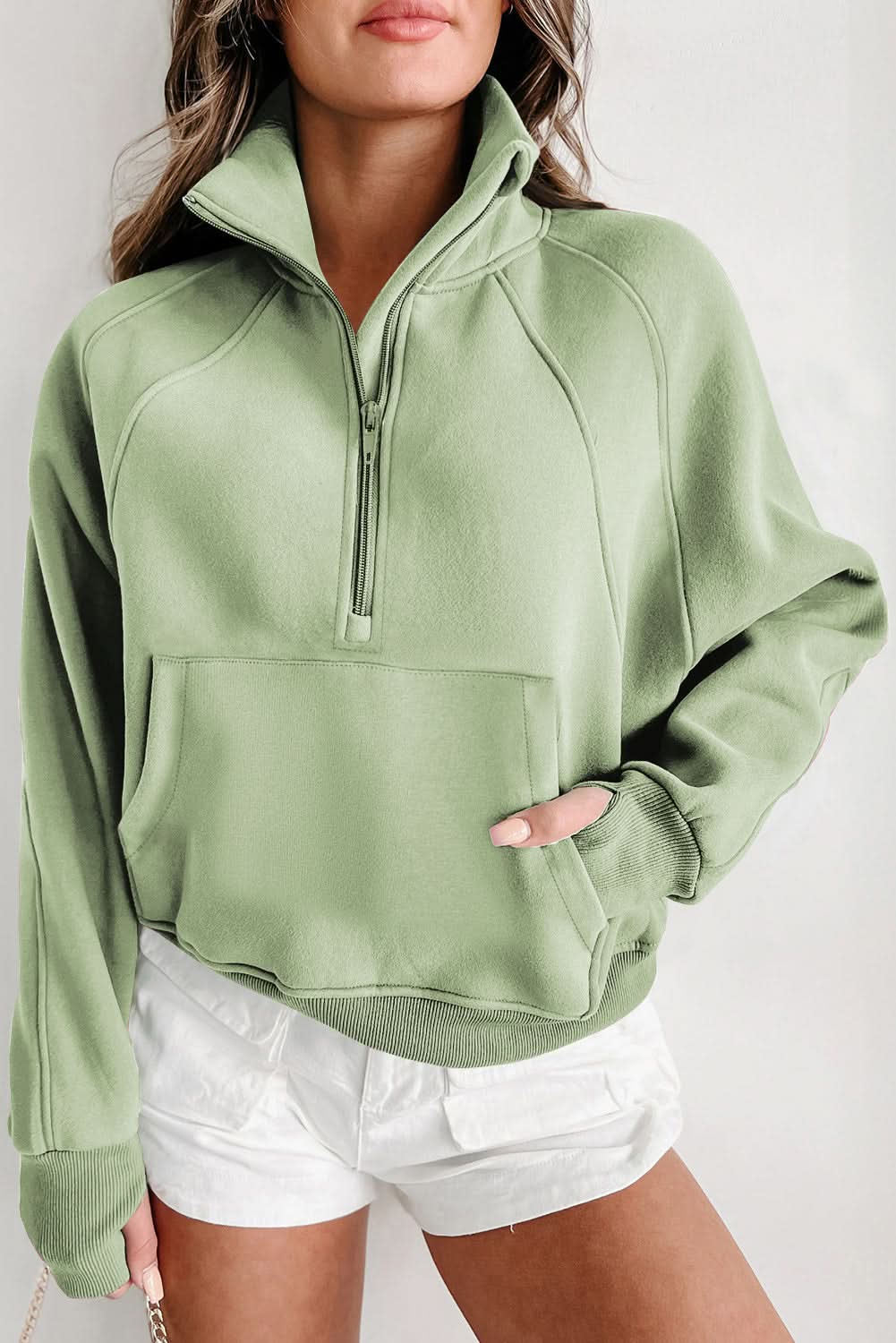 Green Zip Stand Collar Ribbed Thumbhole Sleeve Sweatshirt Smoke Green 50%Polyester+50%Cotton