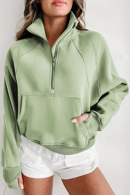 Green Zip Stand Collar Ribbed Thumbhole Sleeve Sweatshirt Smoke Green 50%Polyester+50%Cotton