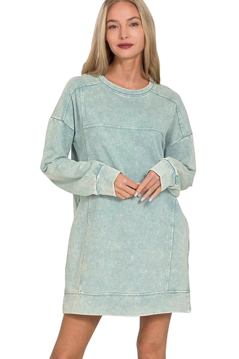 Zenana French Terry Acid Washed Dress with Pockets ASH BLUE