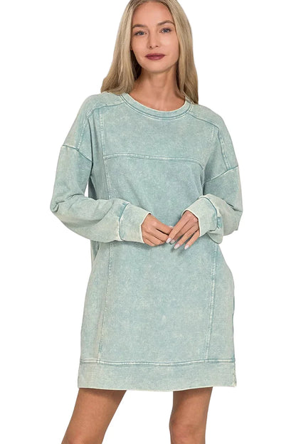 Zenana French Terry Acid Washed Dress with Pockets ASH BLUE