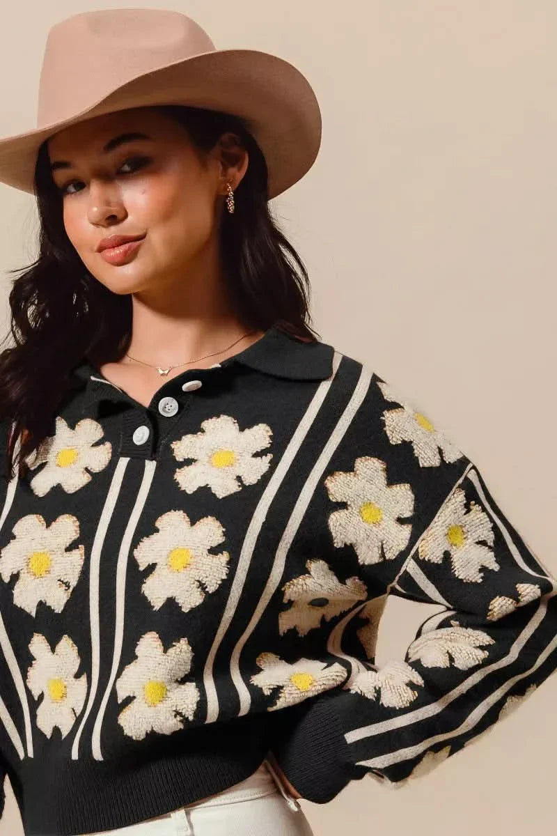 So Me Floral Stripe Polo Collar Sweater For Women Casual BLACK IVORY