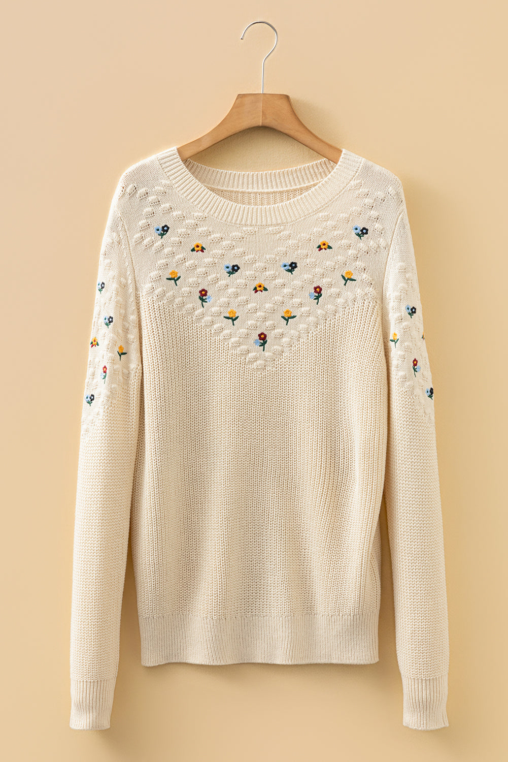 Floral Embroidered Textured Knit Sweater Jet Stream