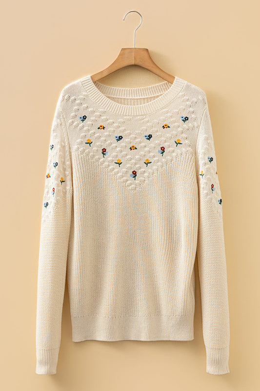 Floral Embroidered Textured Knit Sweater Jet Stream