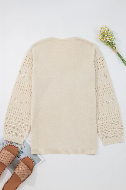 Smoke Gray Hollow Knit Cardigan With Eyelet Cutouts