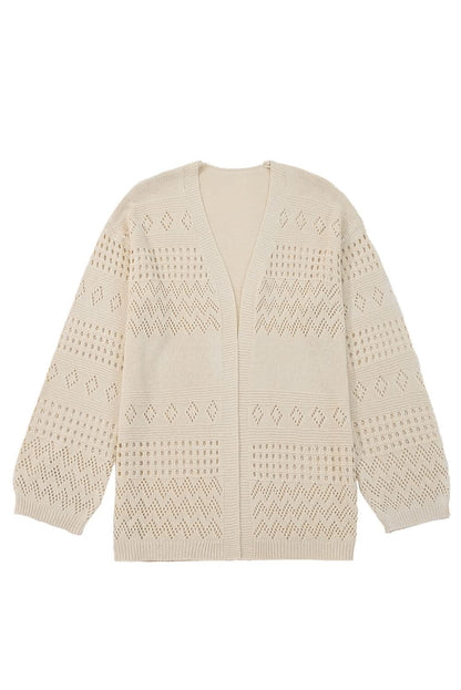 Smoke Gray Hollow Knit Cardigan With Eyelet Cutouts
