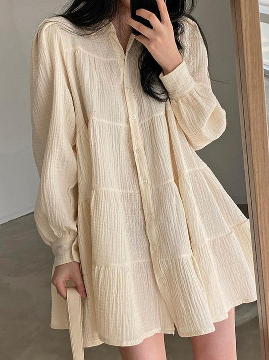 Lapel Pleated Loose Puff Sleeve Short Shirt Dress Beige Freesize