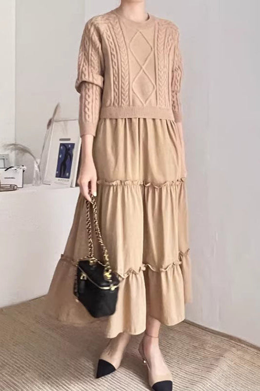 Loose Long-sleeved Cable Knit Split-joint A-line Dress Khaki Free Size
