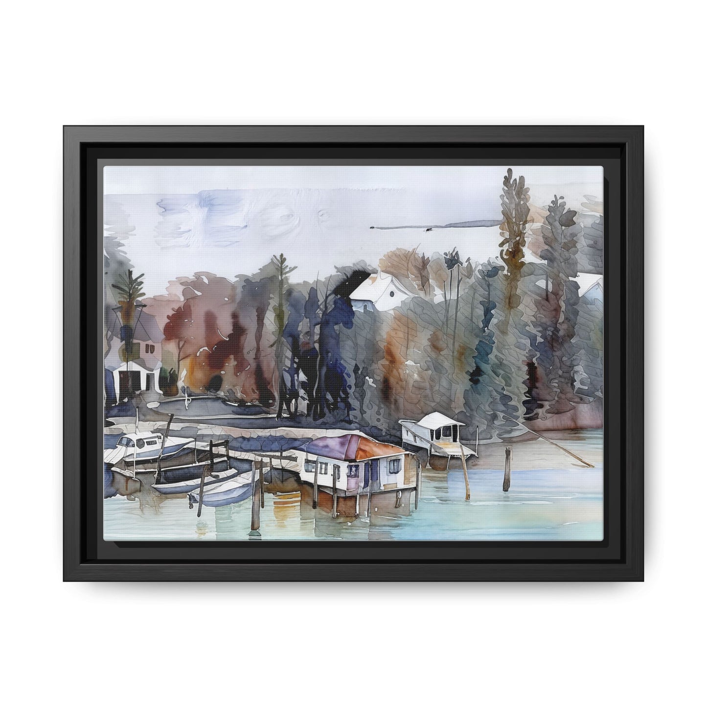 Framed Matte Canvas Art Print, Marina Landscape Wall Decor, Nautical Home Decor, Gift for Art Lovers, Coastal Aesthetic