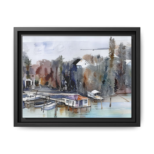 Framed Matte Canvas Art Print, Marina Landscape Wall Decor, Nautical Home Decor, Gift for Art Lovers, Coastal Aesthetic