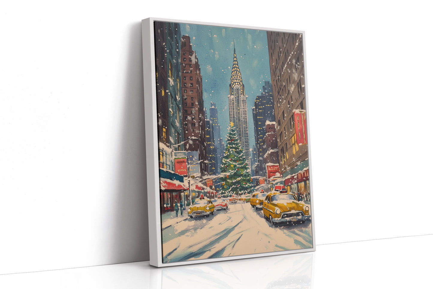 New York Winter Christmas Cityscape White Framed Canvas