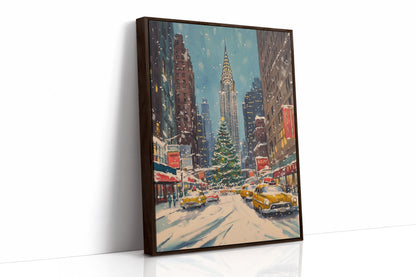 New York Winter Christmas Cityscape Brown Framed Canvas