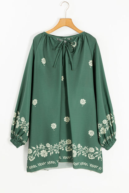 Boho Floral Tie Neck Puff Sleeve Dress Mist Green