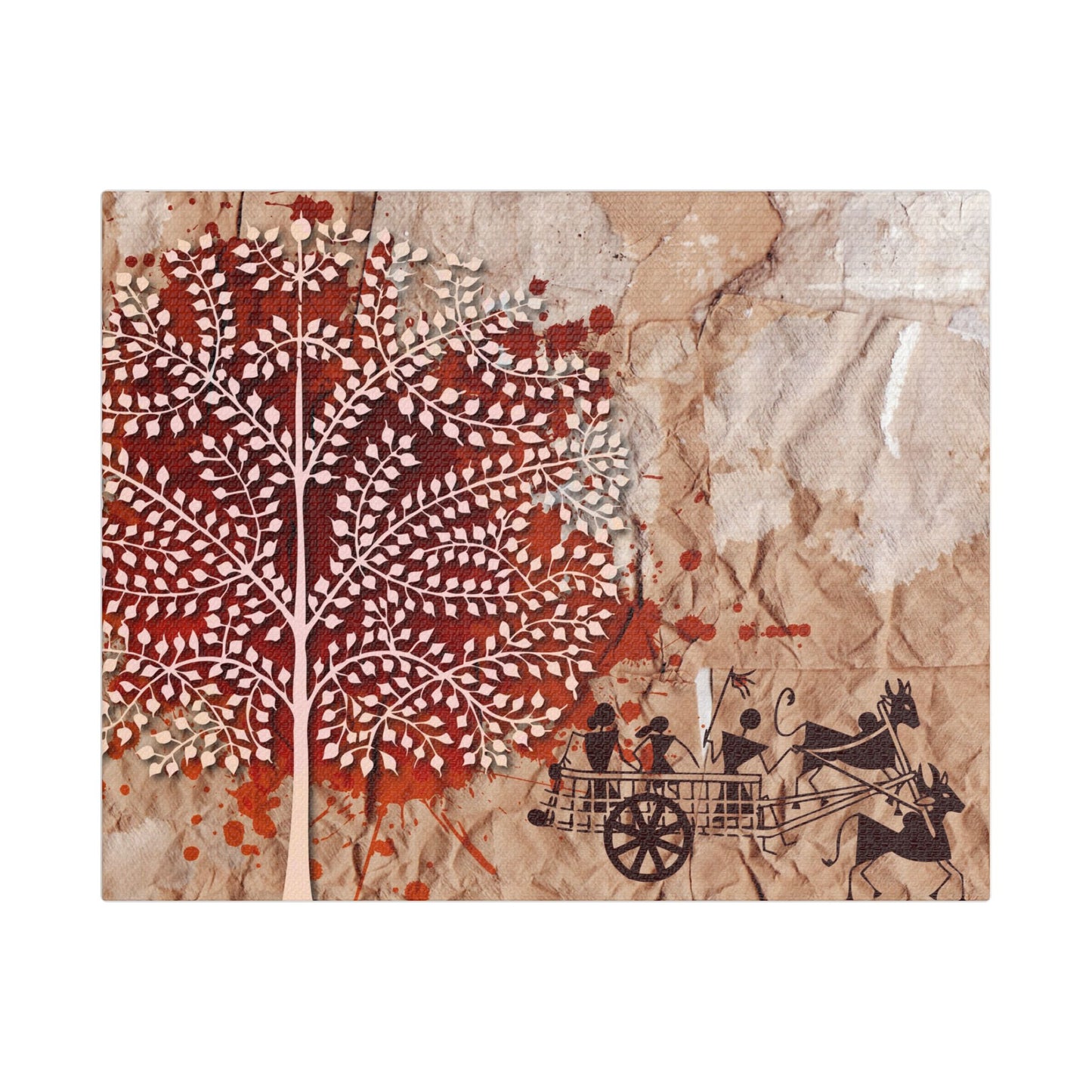 Artistic Stretched Tribal Canvas Wall Art, Rustic Home Decor, Nature-Inspired Art, Tree and Cart Design, Unique Gift for Art Lovers
