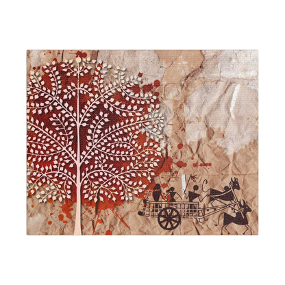 Artistic Stretched Tribal Canvas Wall Art, Rustic Home Decor, Nature-Inspired Art, Tree and Cart Design, Unique Gift for Art Lovers