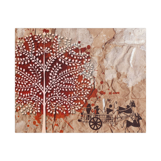 Artistic Stretched Tribal Canvas Wall Art, Rustic Home Decor, Nature-Inspired Art, Tree and Cart Design, Unique Gift for Art Lovers