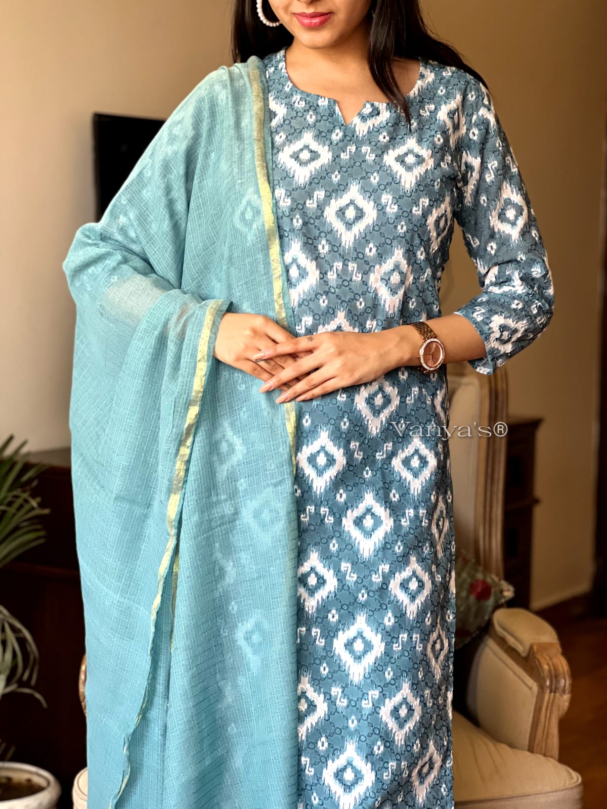 Blue Cotton Kurta Set with Chikankari Work