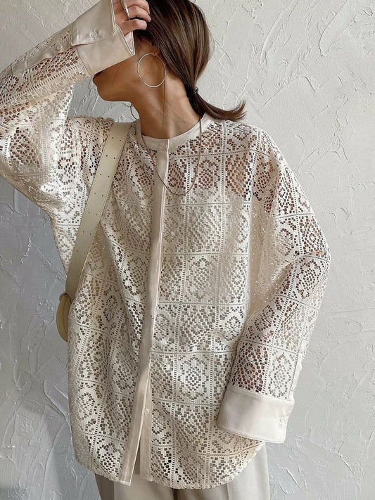 Hollow Lace Long Sleeve Shirt WHITE FREE SIZE