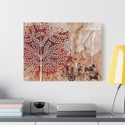 Artistic Stretched Tribal Canvas Wall Art, Rustic Home Decor, Nature-Inspired Art, Tree and Cart Design, Unique Gift for Art Lovers