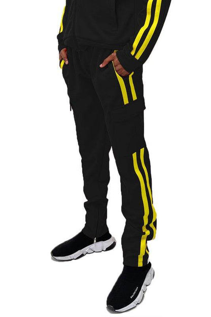Two Stripe Cargo Pouch Track Pants black yellow