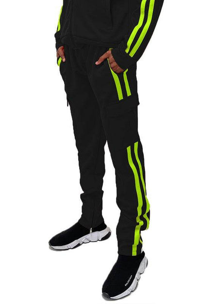 Two Stripe Cargo Pouch Track Pants black lime