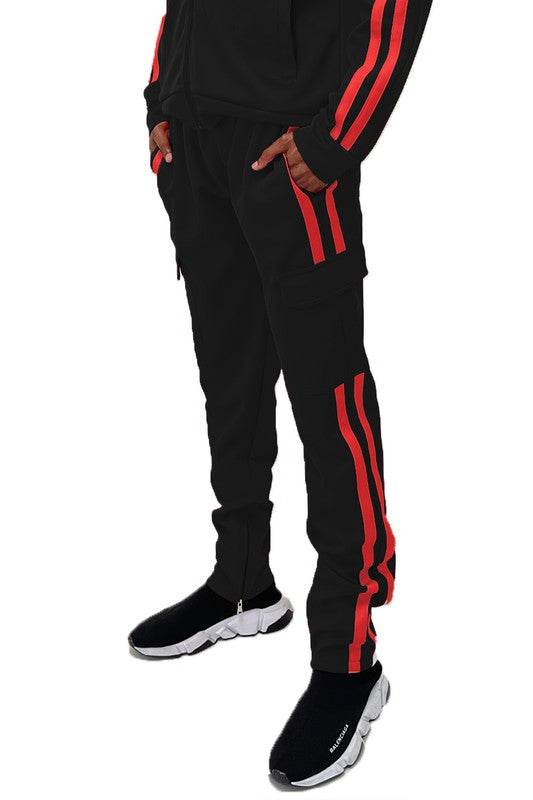 Two Stripe Cargo Pouch Track Pants black orange
