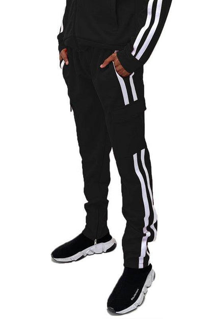 Two Stripe Cargo Pouch Track Pants BLACK WHITE