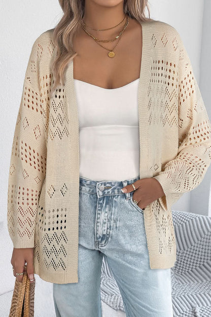 Smoke Gray Hollow Knit Cardigan With Eyelet Cutouts