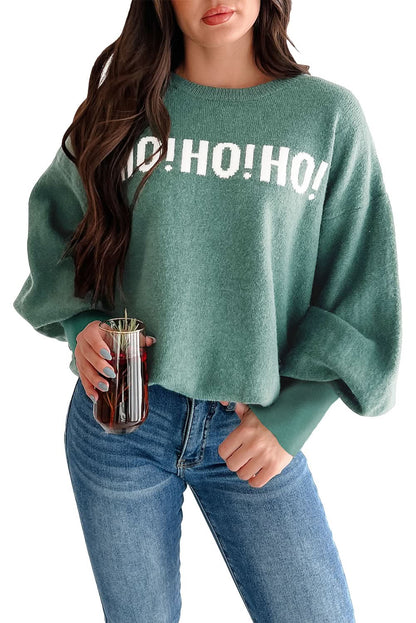 Fiery Red Merry Christmas Ho Ho Ho Drop Shoulder Loose Sweater Blackish Green 52%Viscose+26%Polyester+22%Polyamide