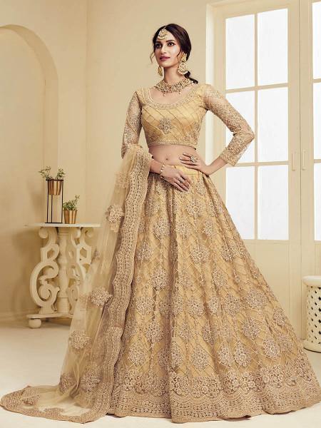 Myra Golden Heavy Embroidered Net Bridal Lehenga XXS