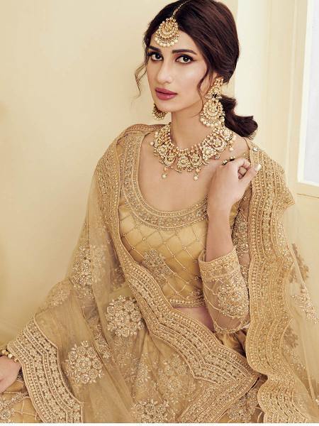 Myra Golden Heavy Embroidered Net Bridal Lehenga XS