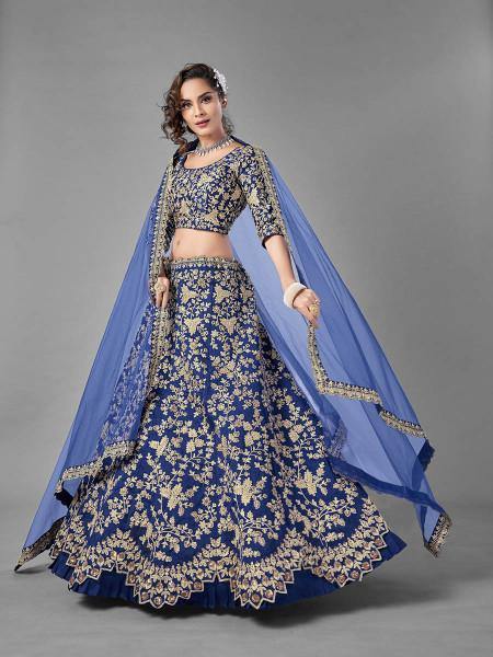 Myra Blue Heavy Embroidered Art Silk Bridal Lehenga S
