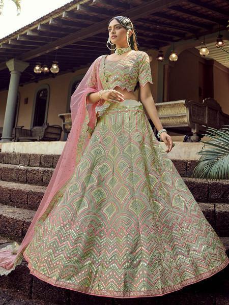 Myra Beautiful Green Heavy Embroidered Georgette Bridal Lehenga XXS