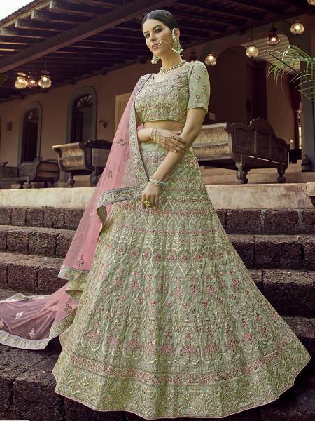Myra Green Heavy Embroidered Georgette Bridal Lehenga XXS