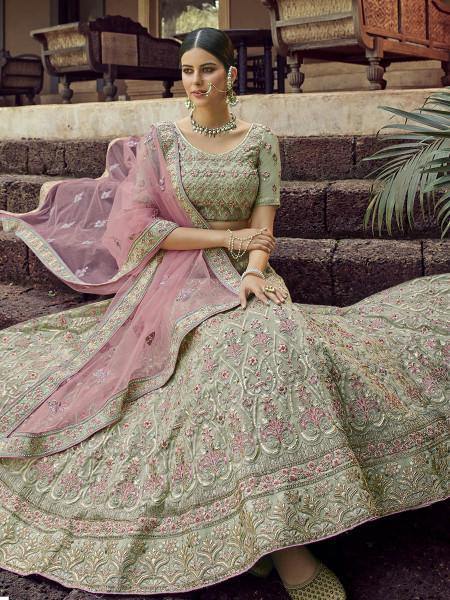 Myra Green Heavy Embroidered Georgette Bridal Lehenga S