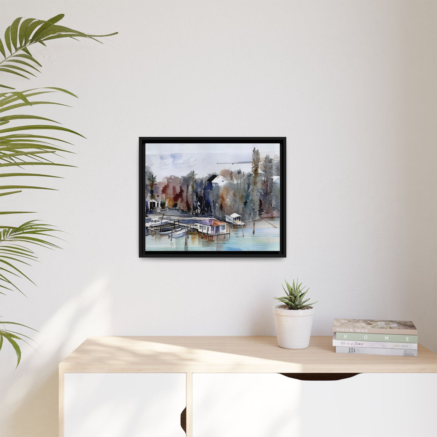 Framed Matte Canvas Art Print, Marina Landscape Wall Decor, Nautical Home Decor, Gift for Art Lovers, Coastal Aesthetic