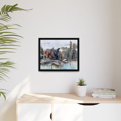 Framed Matte Canvas Art Print, Marina Landscape Wall Decor, Nautical Home Decor, Gift for Art Lovers, Coastal Aesthetic