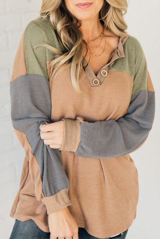 Buckskin Color Block Thermal Textured Knit Drop Shoulder Henley Top Buckskin 65%Polyester+30%Cotton+5%Elastane