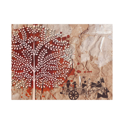 Artistic Stretched Tribal Canvas Wall Art, Rustic Home Decor, Nature-Inspired Art, Tree and Cart Design, Unique Gift for Art Lovers