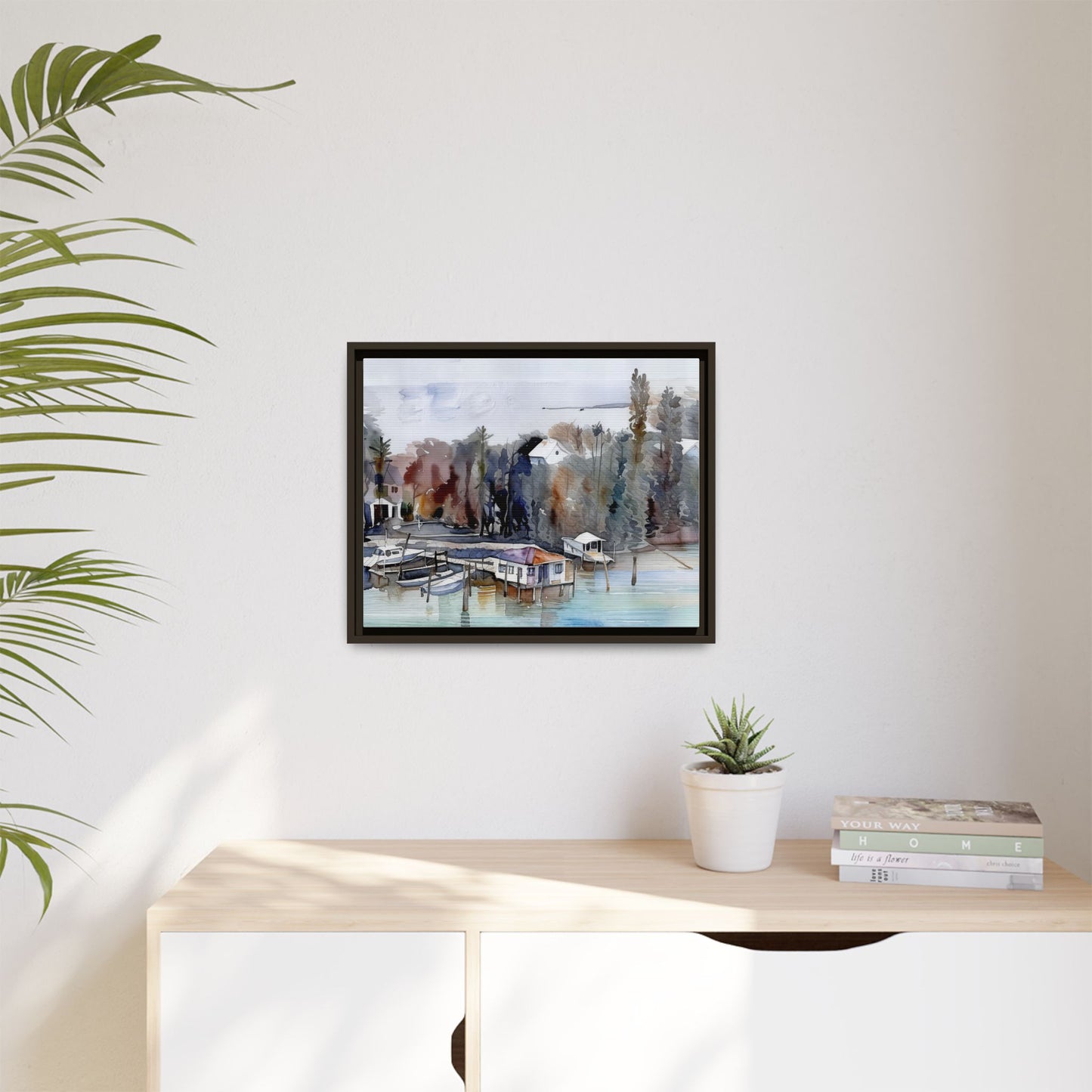 Framed Matte Canvas Art Print, Marina Landscape Wall Decor, Nautical Home Decor, Gift for Art Lovers, Coastal Aesthetic