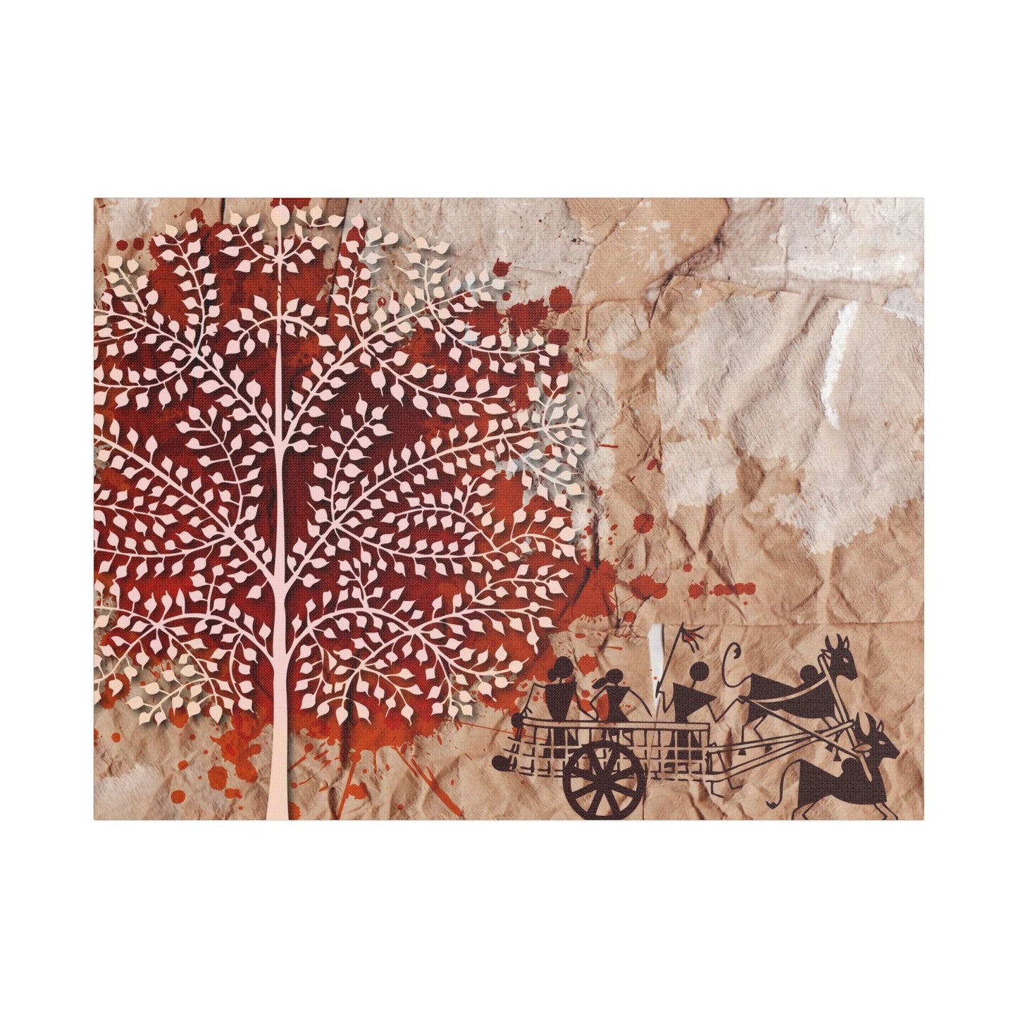 Artistic Stretched Tribal Canvas Wall Art, Rustic Home Decor, Nature-Inspired Art, Tree and Cart Design, Unique Gift for Art Lovers