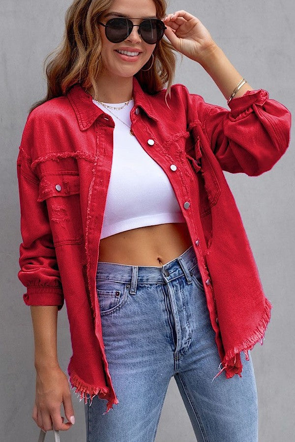 Tattered Denim Jacket Red