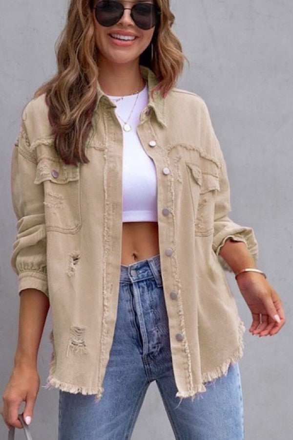 Tattered Denim Jacket Khaki