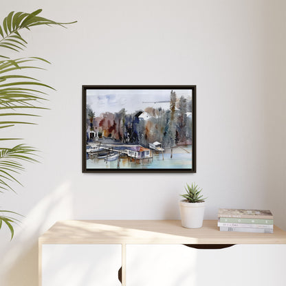 Framed Matte Canvas Art Print, Marina Landscape Wall Decor, Nautical Home Decor, Gift for Art Lovers, Coastal Aesthetic