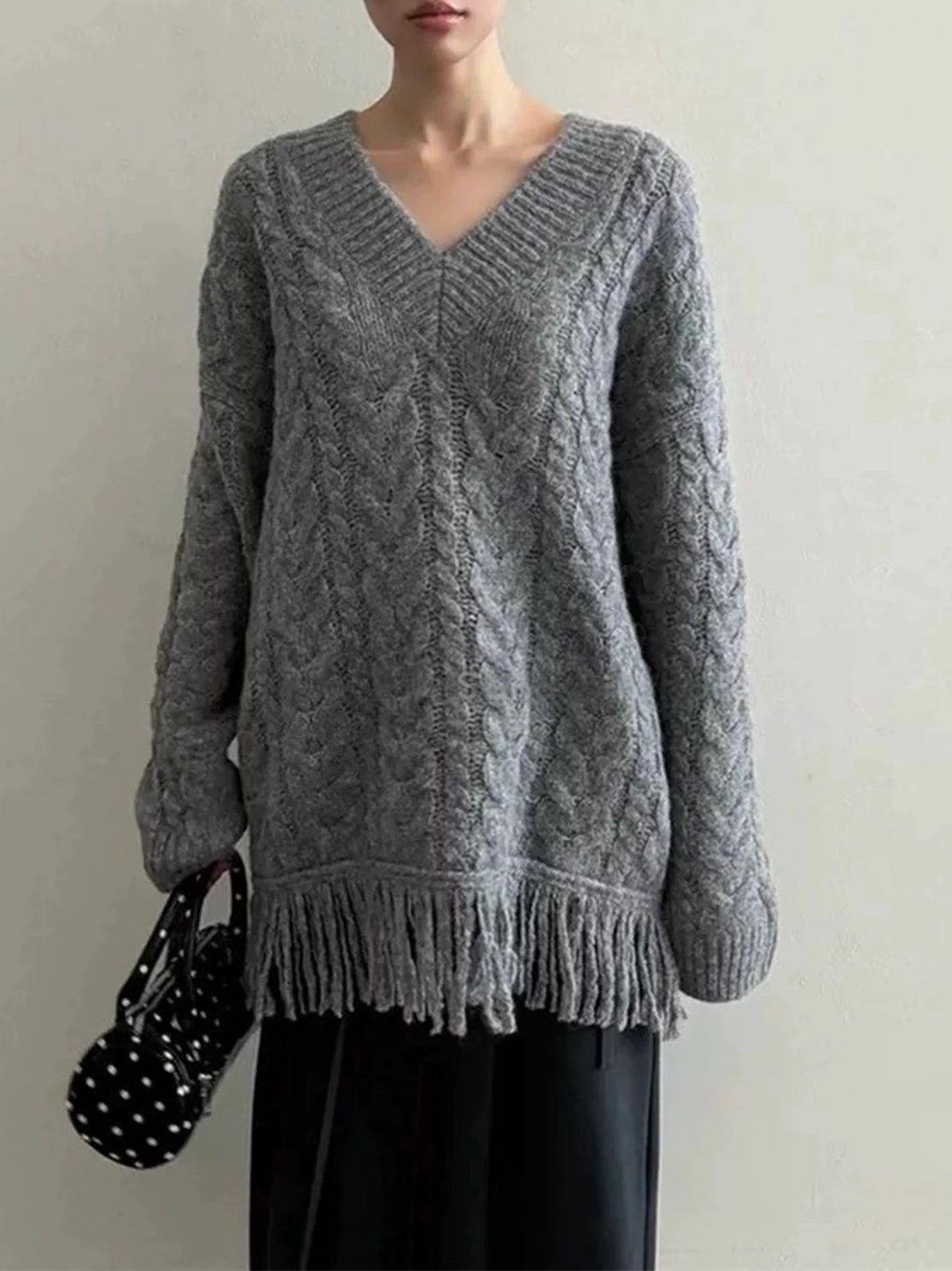Cable Knit Dress With Tassels Gray One size