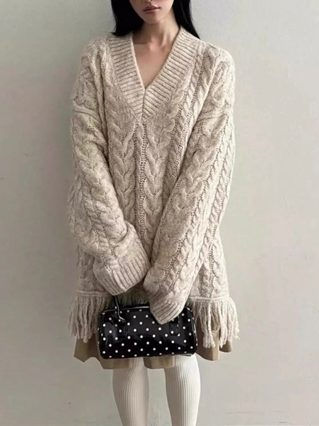 Cable Knit Dress With Tassels Oatmeal One size