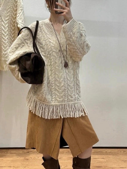 Cable Knit Dress With Tassels Apricot One size