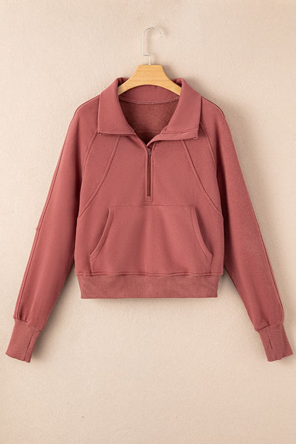Green Zip Stand Collar Ribbed Thumbhole Sleeve Sweatshirt