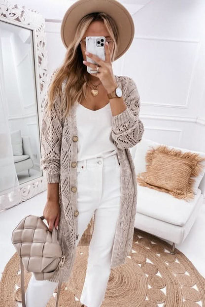 Eyelet Cardigan with Buttons Cream Black Pink Cotton Knit Beige